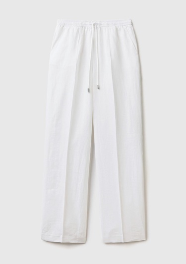  Kadın Beyaz %100 Keten Beli İpli Rahat Kalıp Pantolon