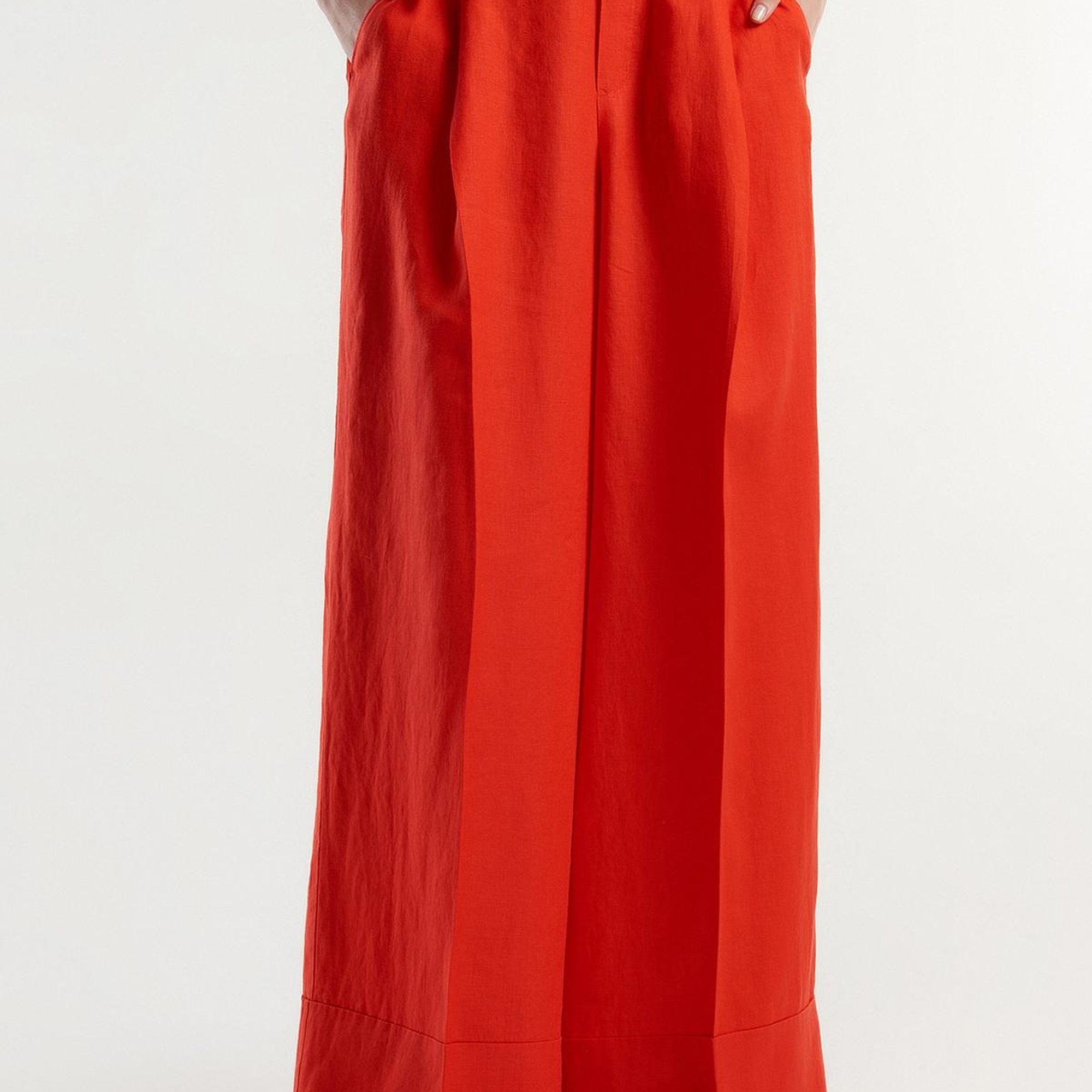 Kadın Kırmızı %100 Keten Beli Lastikli Geniş Kesim Pantolon