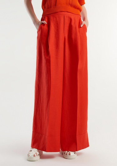  Kadın Kırmızı %100 Keten Beli Lastikli Geniş Kesim Pantolon