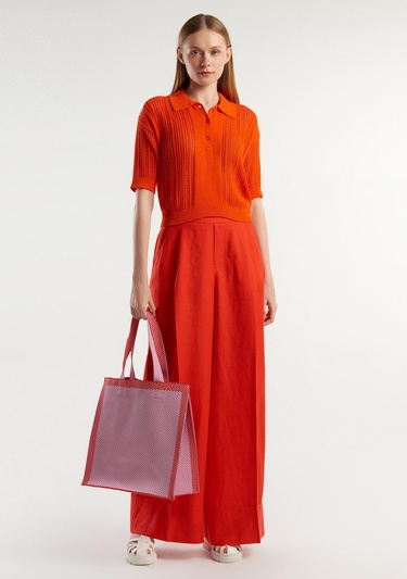  Kadın Kırmızı %100 Keten Beli Lastikli Geniş Kesim Pantolon