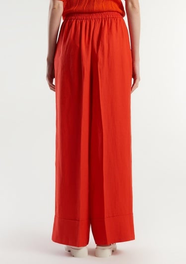  Kadın Kırmızı %100 Keten Beli Lastikli Geniş Kesim Pantolon