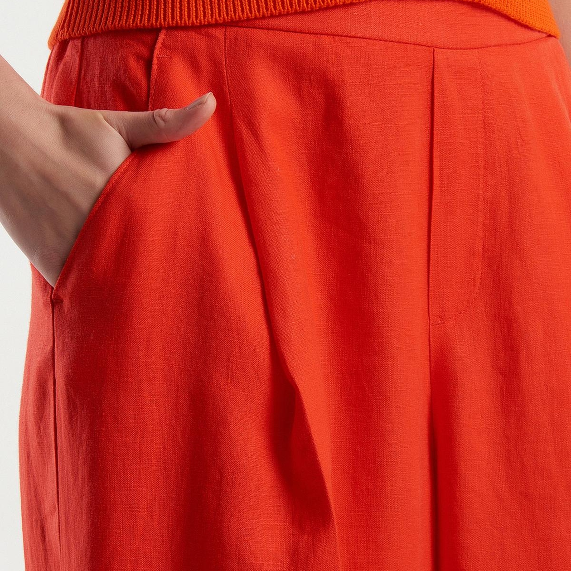 Kadın Kırmızı %100 Keten Beli Lastikli Geniş Kesim Pantolon