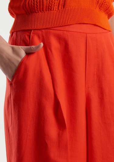  Kadın Kırmızı %100 Keten Beli Lastikli Geniş Kesim Pantolon