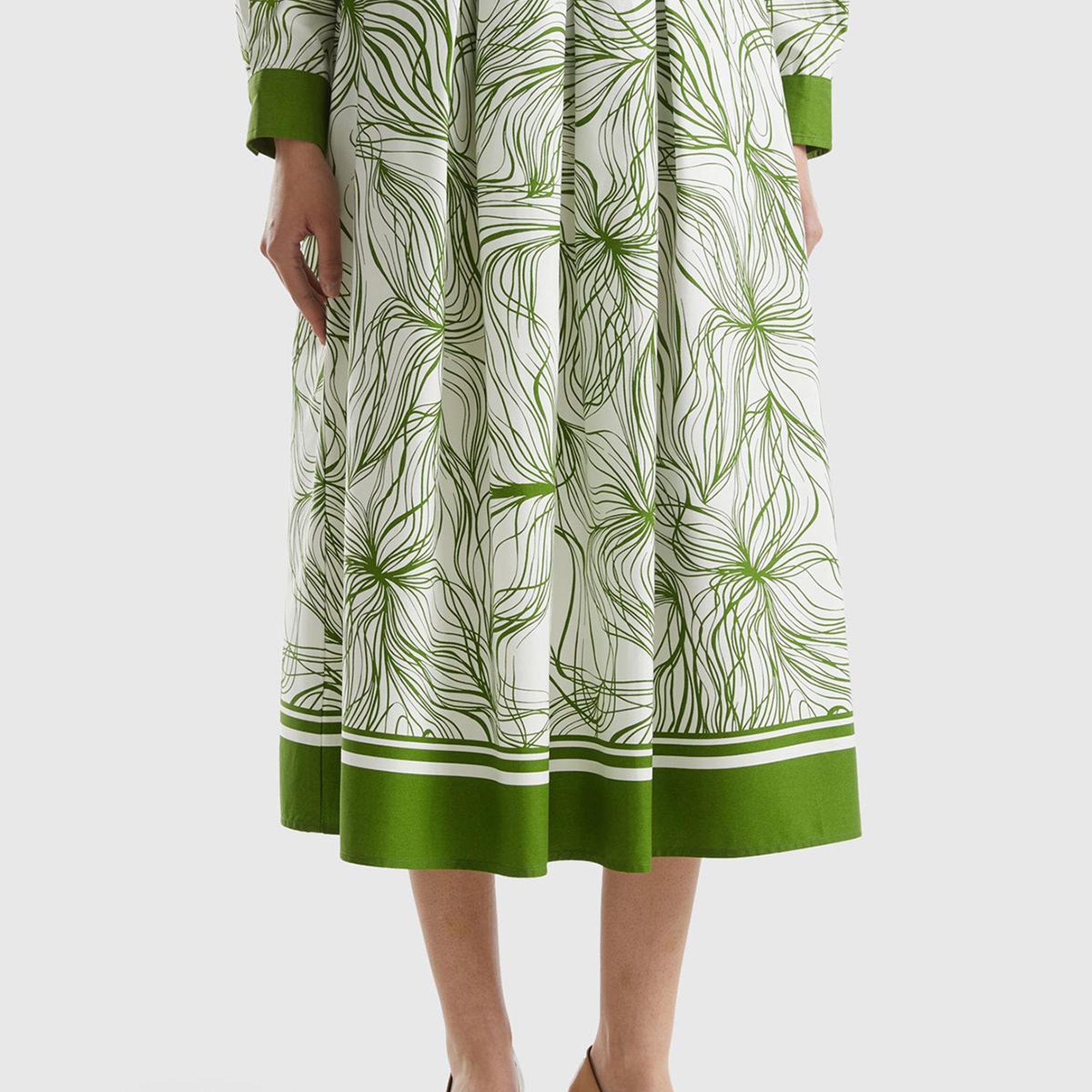 Kadın Yeşil Mix Pamuk Karışımlı Tamamı Desenli Beli Büzgülü Uzun Etek