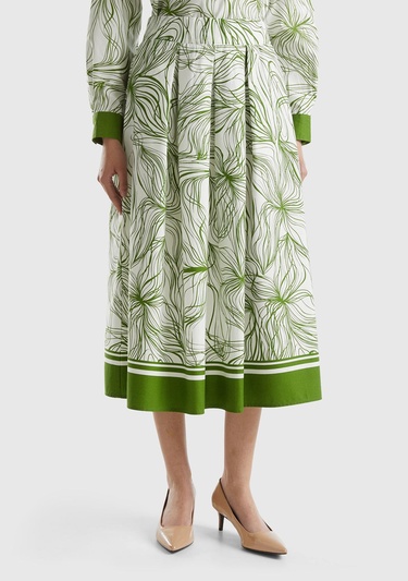  Kadın Yeşil Mix Pamuk Karışımlı Tamamı Desenli Beli Büzgülü Uzun Etek