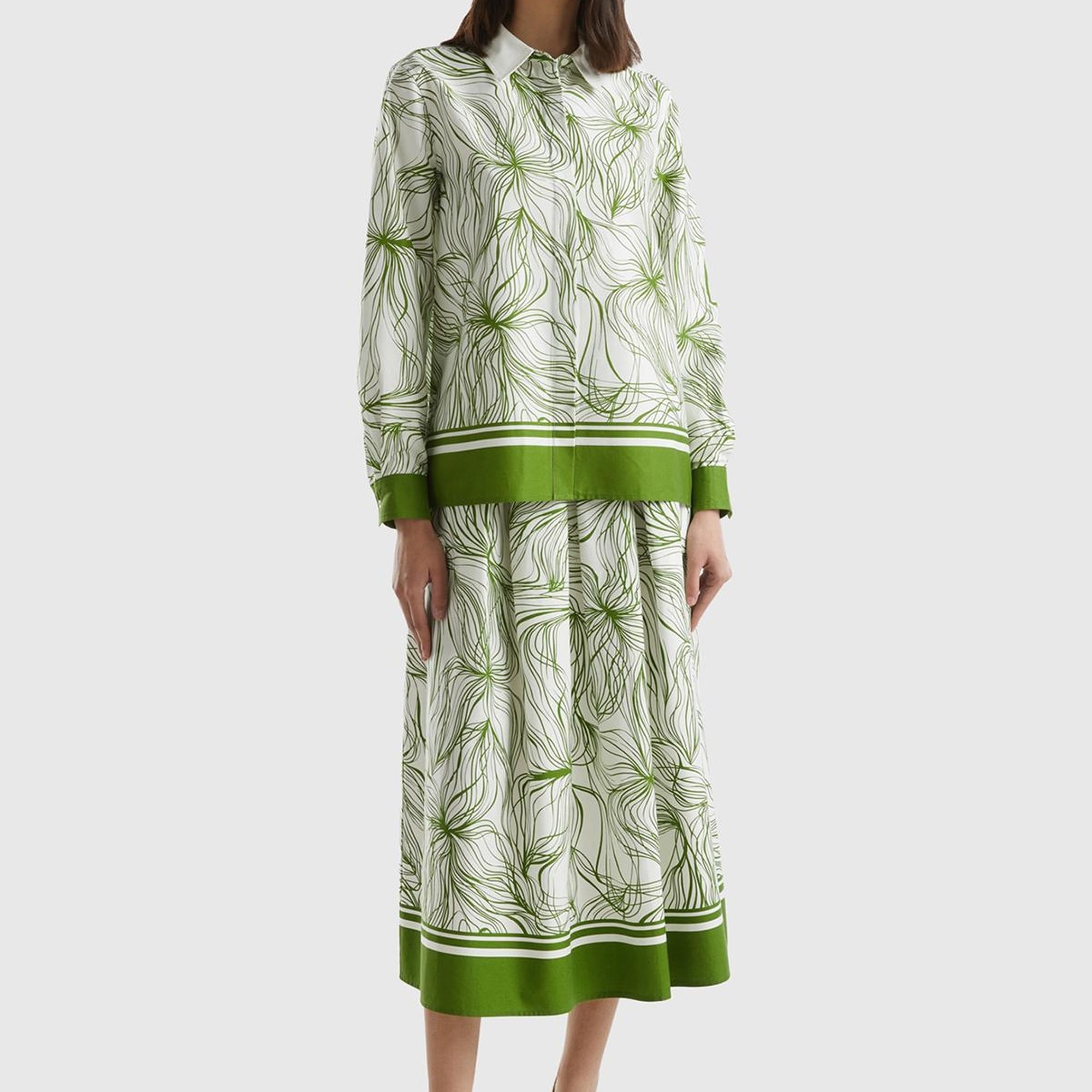 Kadın Yeşil Mix Pamuk Karışımlı Tamamı Desenli Beli Büzgülü Uzun Etek