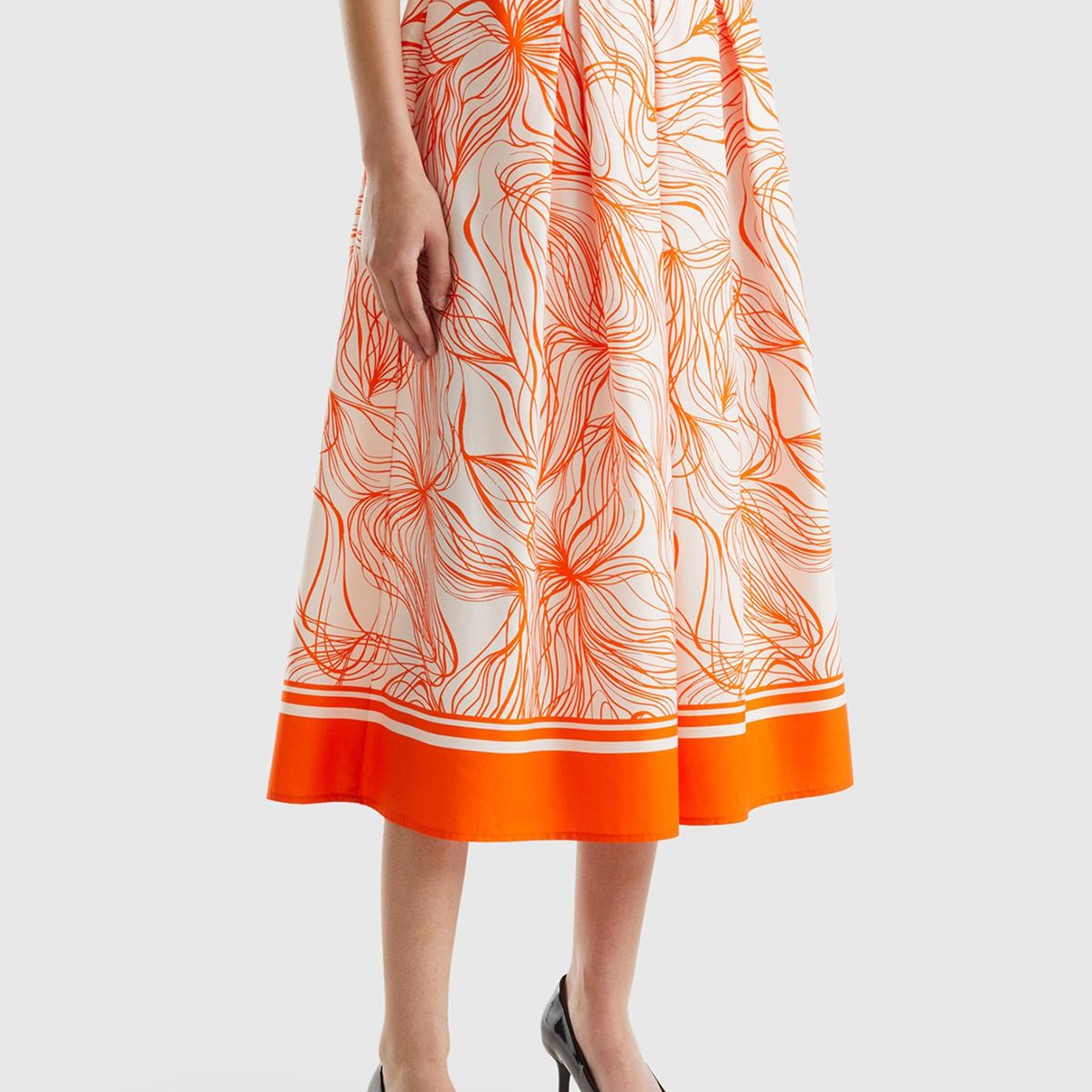 Kadın Turuncu Mix Pamuk Karışımlı Tamamı Desenli Beli Büzgülü Uzun Etek