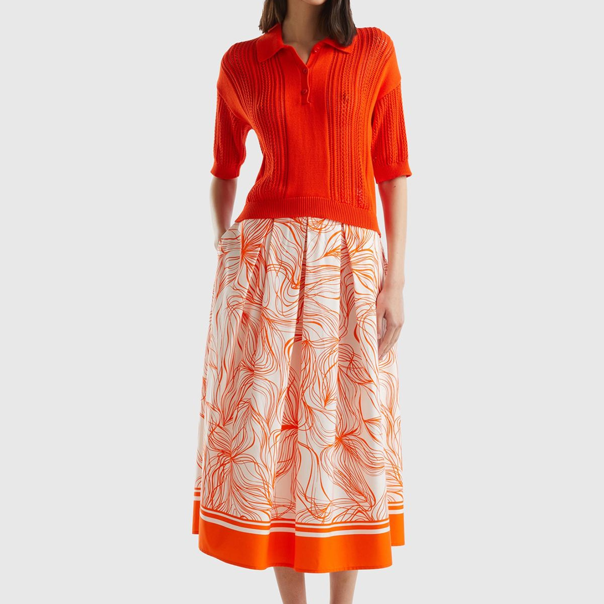 Kadın Turuncu Mix Pamuk Karışımlı Tamamı Desenli Beli Büzgülü Uzun Etek