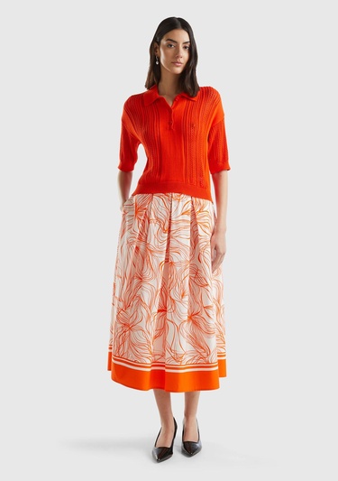  Kadın Turuncu Mix Pamuk Karışımlı Tamamı Desenli Beli Büzgülü Uzun Etek