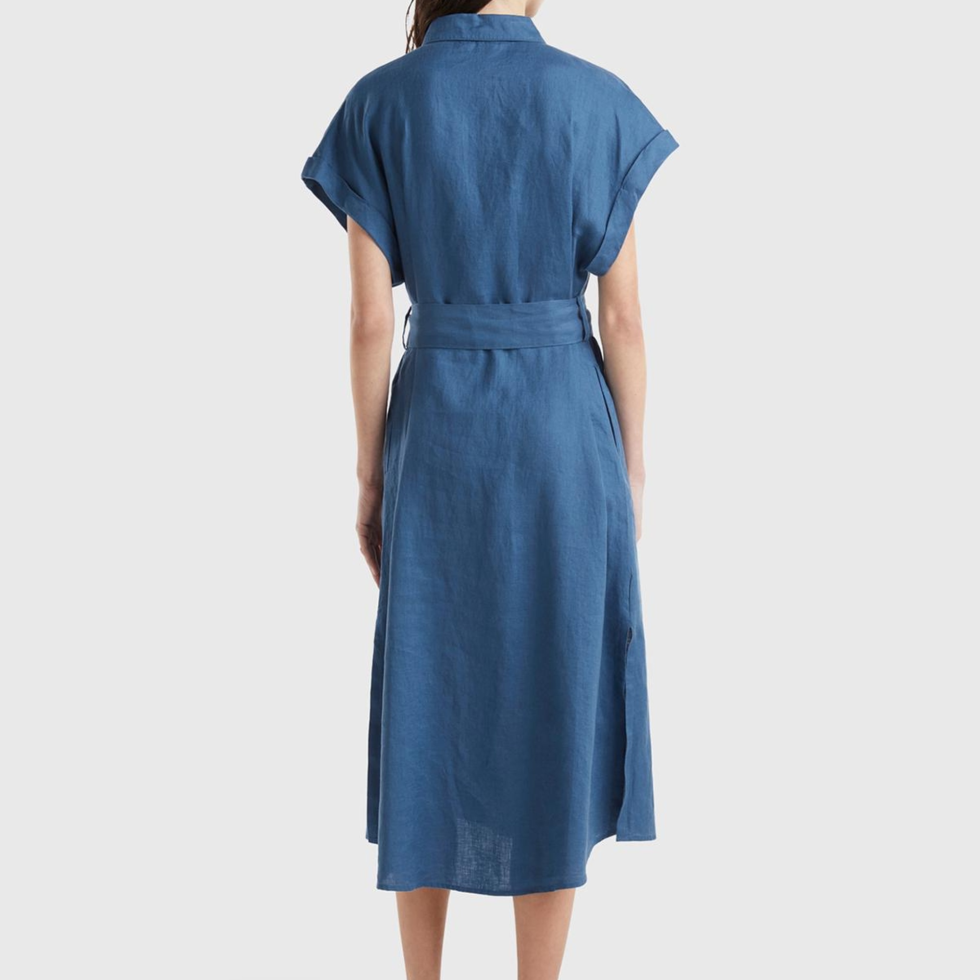 Kadın Gece Mavisi %100 Keten Önü Düğme Kapamalı Beli Kuşaklı Midi Elbise