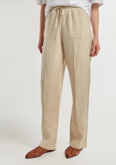  Kadın Bej %100 Keten Beli İpli Rahat Kalıp Pantolon