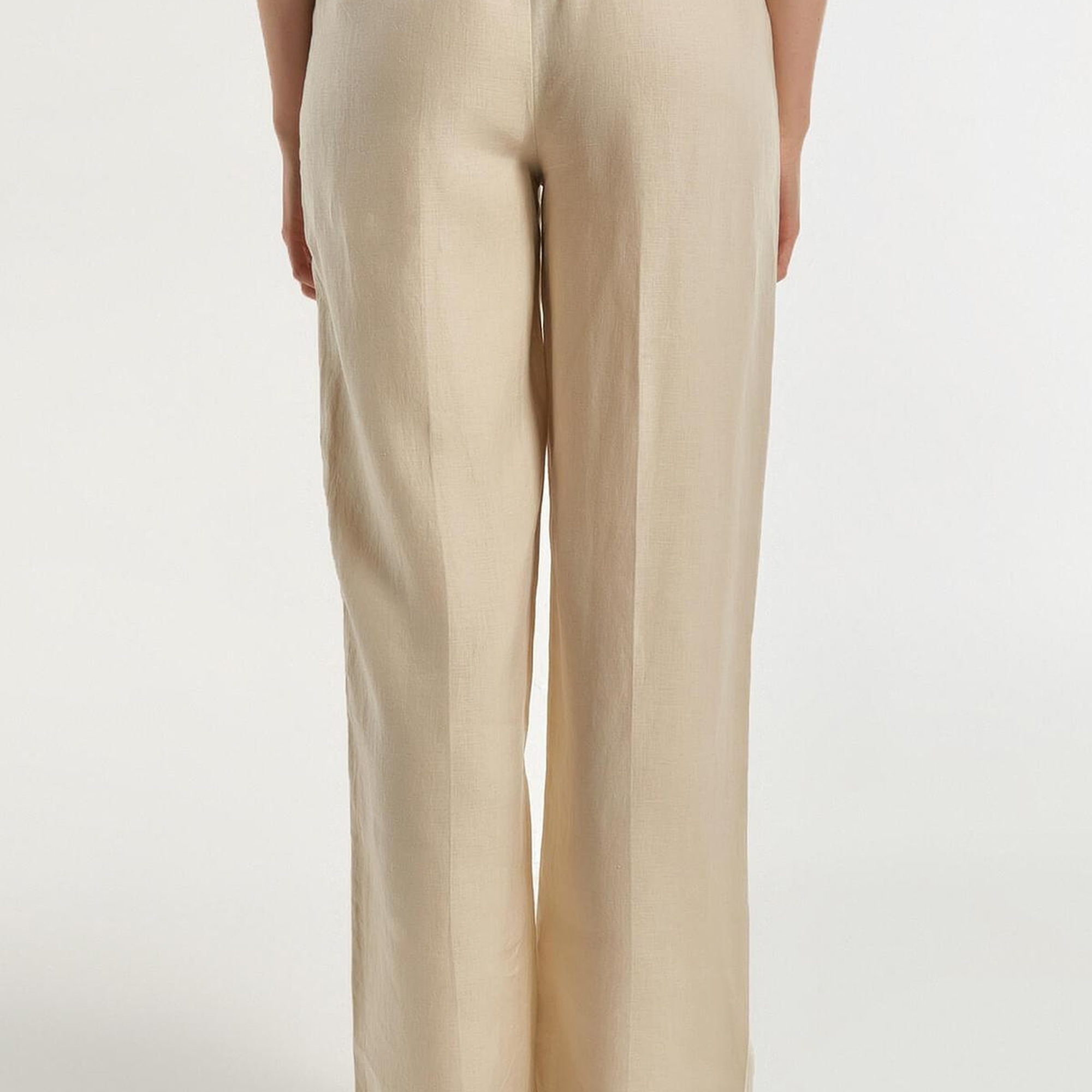 Kadın Bej %100 Keten Beli İpli Rahat Kalıp Pantolon