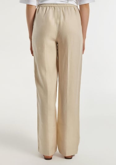  Kadın Bej %100 Keten Beli İpli Rahat Kalıp Pantolon
