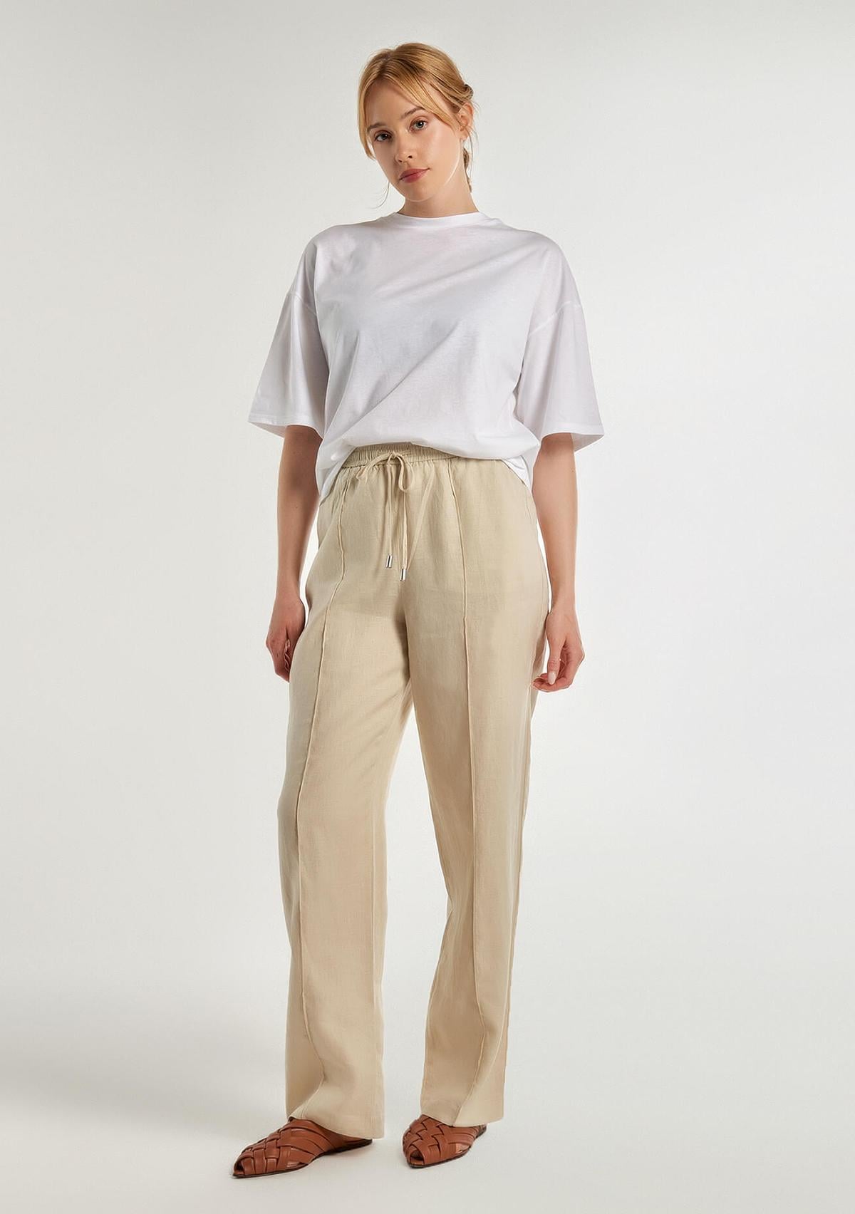  Kadın Bej %100 Keten Beli İpli Rahat Kalıp Pantolon