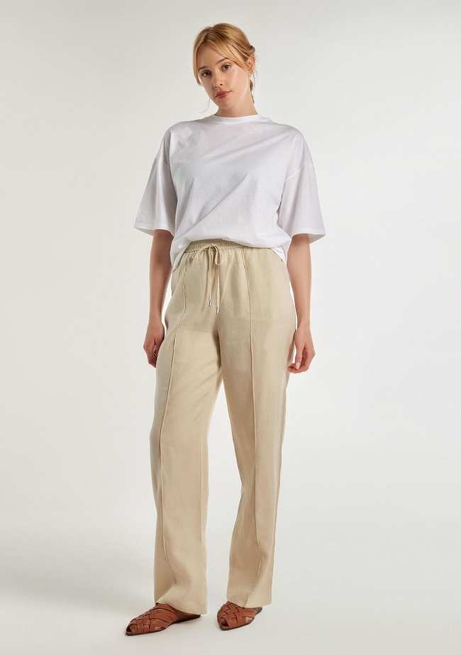  Kadın Bej %100 Keten Beli İpli Rahat Kalıp Pantolon