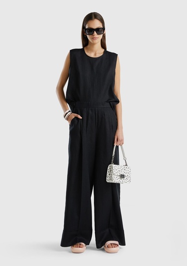  Kadın Siyah %100 Keten Beli Lastikli Geniş Kesim Pantolon