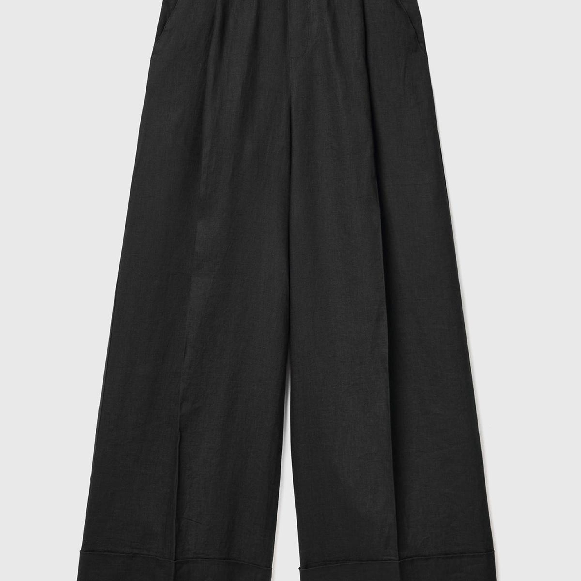 Kadın Siyah %100 Keten Beli Lastikli Geniş Kesim Pantolon