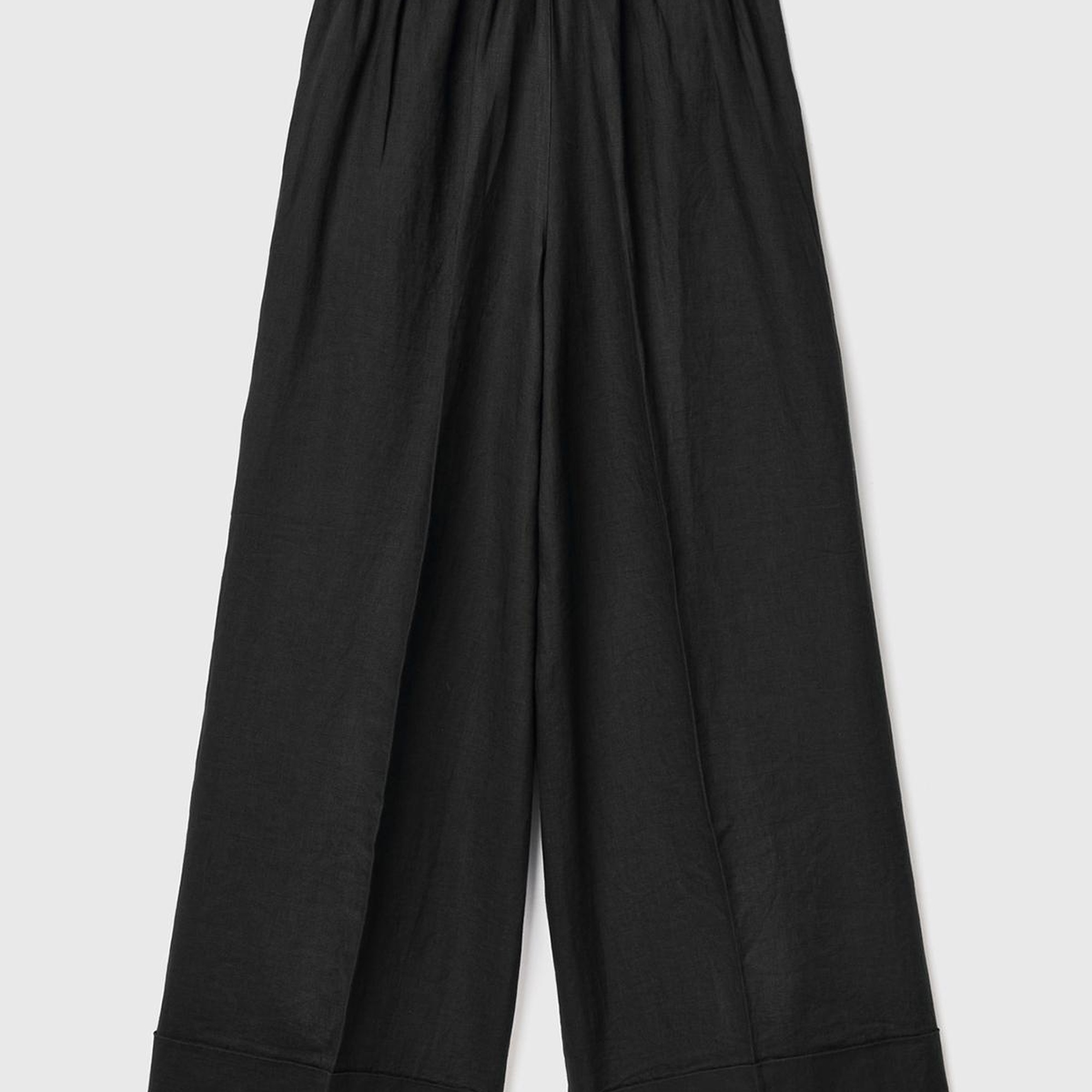 Kadın Siyah %100 Keten Beli Lastikli Geniş Kesim Pantolon