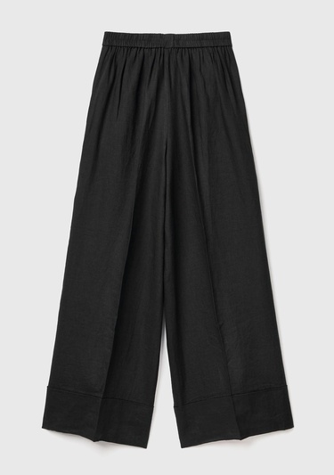  Kadın Siyah %100 Keten Beli Lastikli Geniş Kesim Pantolon