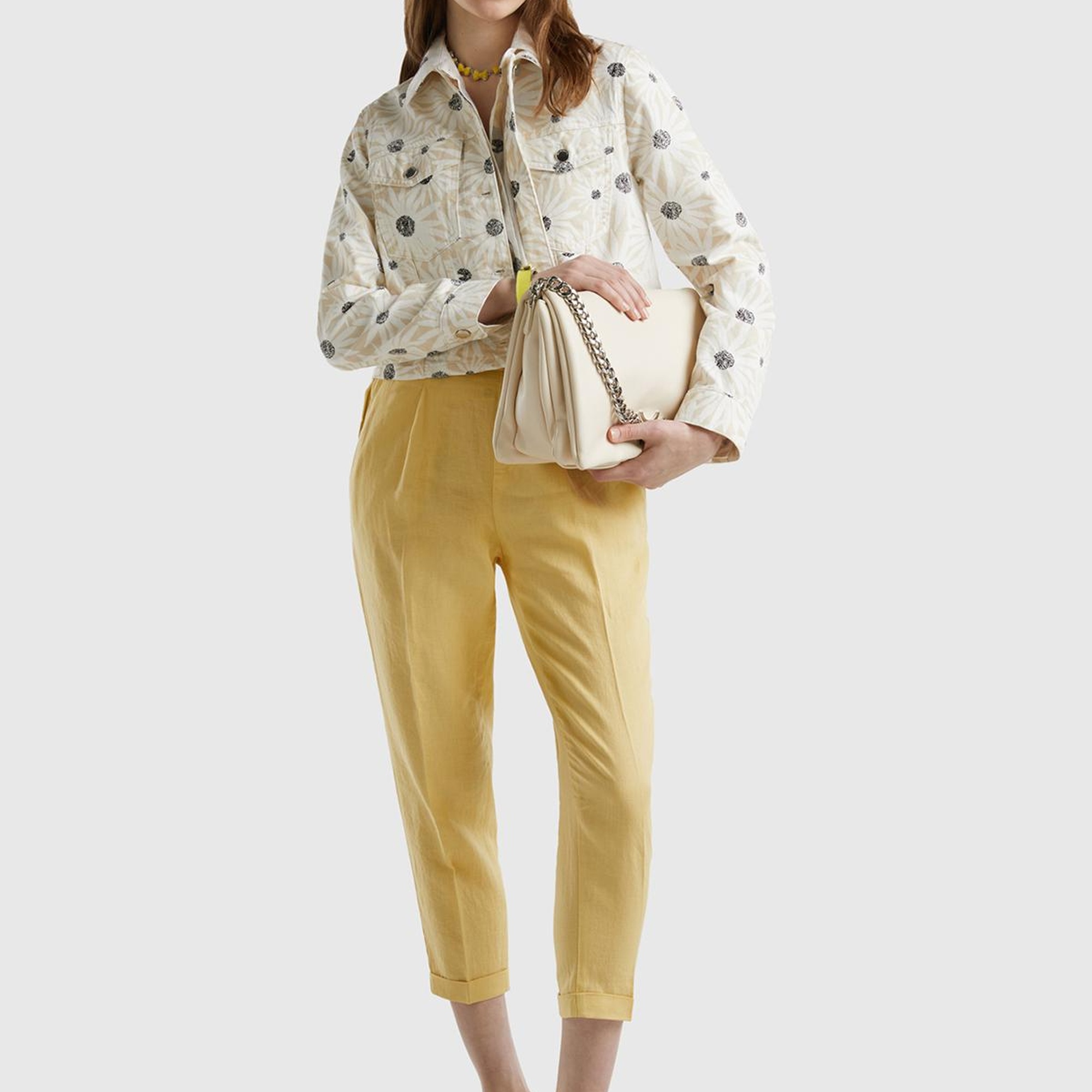 Kadın Açık Sarı %100 Keten Beli Lastikli Pantolon