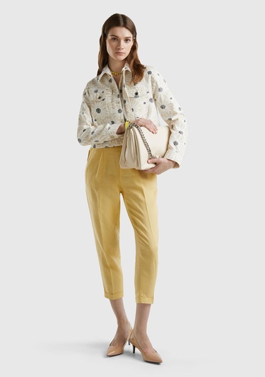 Kadın Açık Sarı %100 Keten Beli Lastikli Pantolon