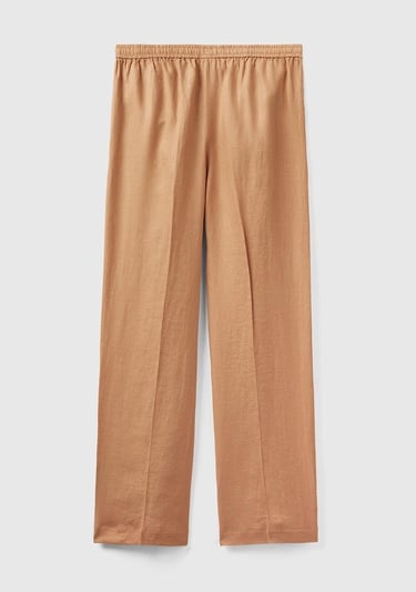  Kadın Taba %100 Keten Beli İpli Rahat Kalıp Pantolon