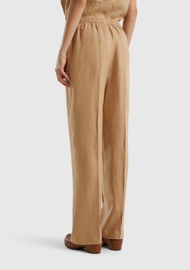  Kadın Taba %100 Keten Beli İpli Rahat Kalıp Pantolon