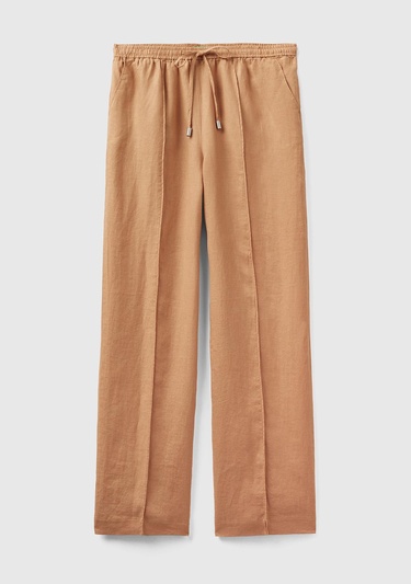  Kadın Taba %100 Keten Beli İpli Rahat Kalıp Pantolon