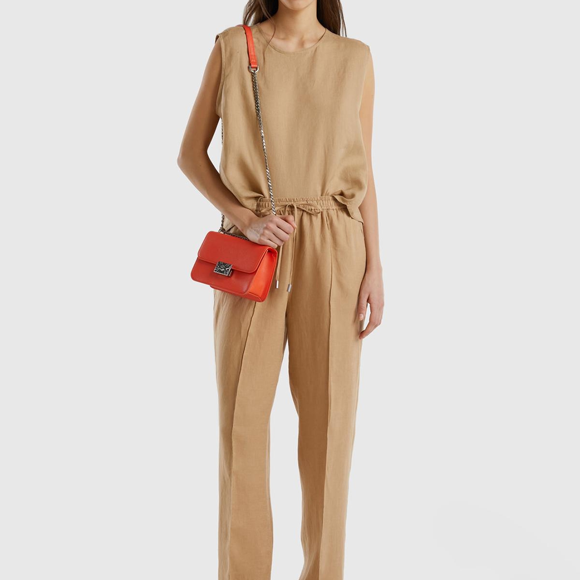 Kadın Taba %100 Keten Beli İpli Rahat Kalıp Pantolon