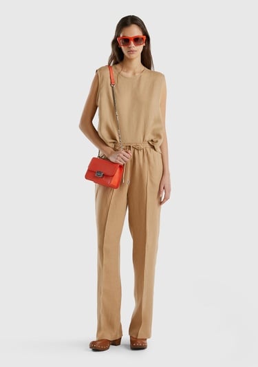  Kadın Taba %100 Keten Beli İpli Rahat Kalıp Pantolon