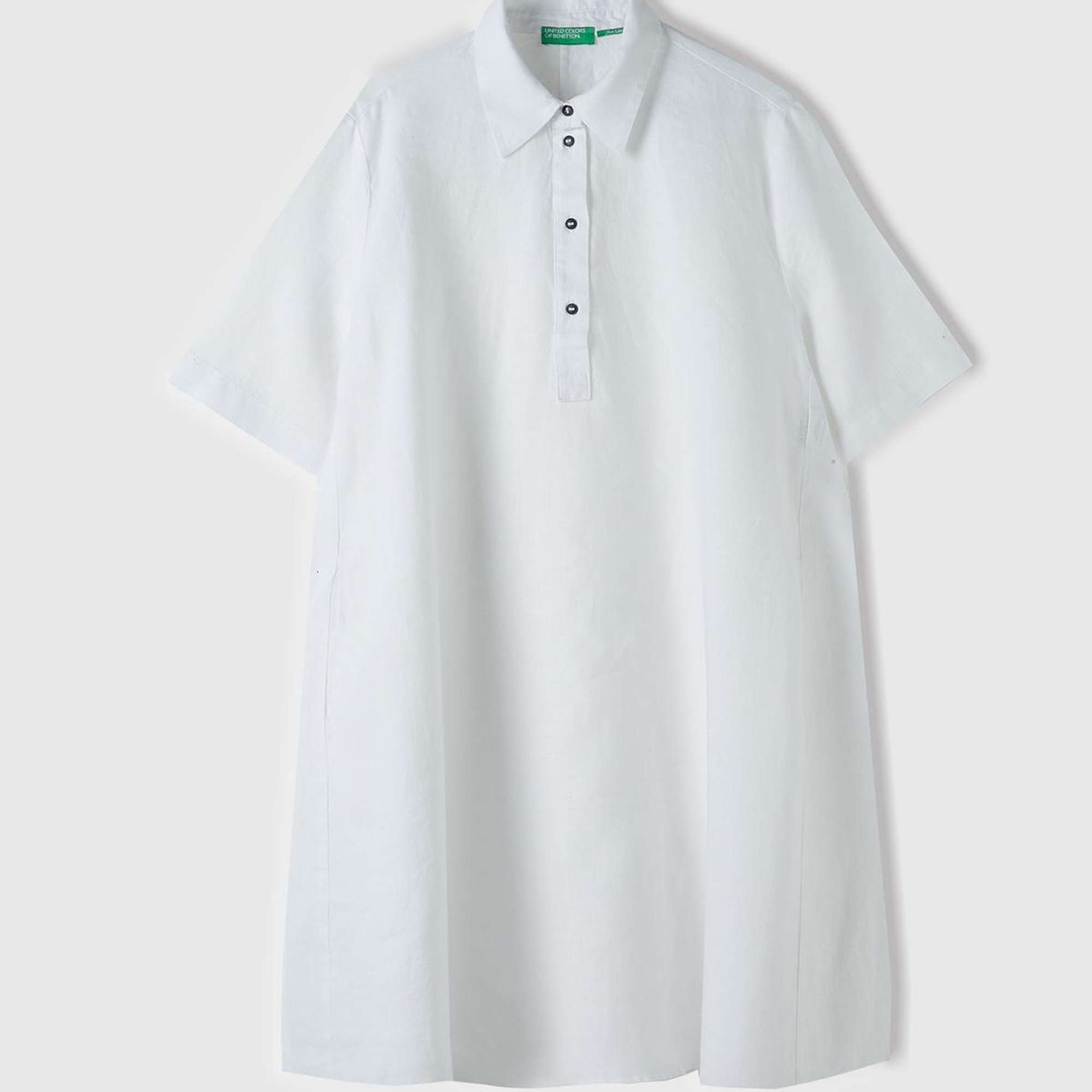 Kadın Beyaz %100 Keten Düğmeli Gömlek Yaka Hafif Bol Kesim Elbise