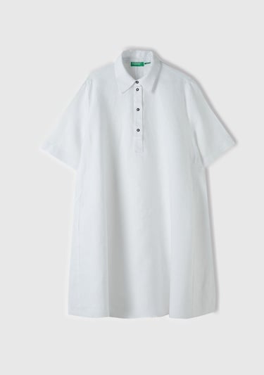  Kadın Beyaz %100 Keten Düğmeli Gömlek Yaka Hafif Bol Kesim Elbise