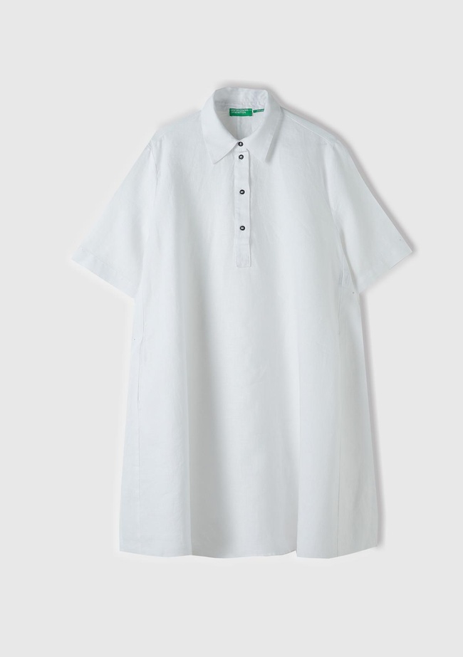  Kadın Beyaz %100 Keten Düğmeli Gömlek Yaka Hafif Bol Kesim Elbise