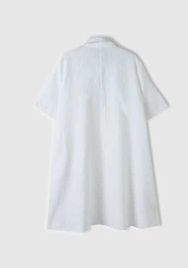  Kadın Beyaz %100 Keten Düğmeli Gömlek Yaka Hafif Bol Kesim Elbise