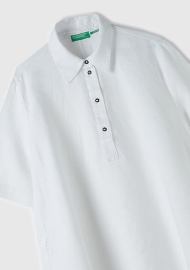  Kadın Beyaz %100 Keten Düğmeli Gömlek Yaka Hafif Bol Kesim Elbise
