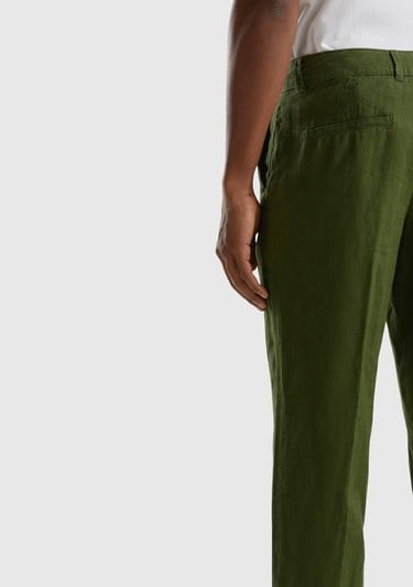  Erkek Koyu Yeşil %100 Keten Pantolon