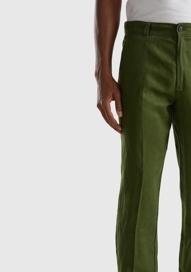  Erkek Koyu Yeşil %100 Keten Pantolon