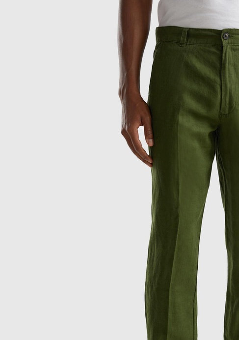  Erkek Koyu Yeşil %100 Keten Pantolon