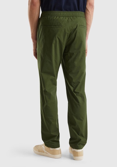  Erkek Koyu Yeşil %100 Pamuk 4 Cepli Beli Büzgülü İpli Pantolon