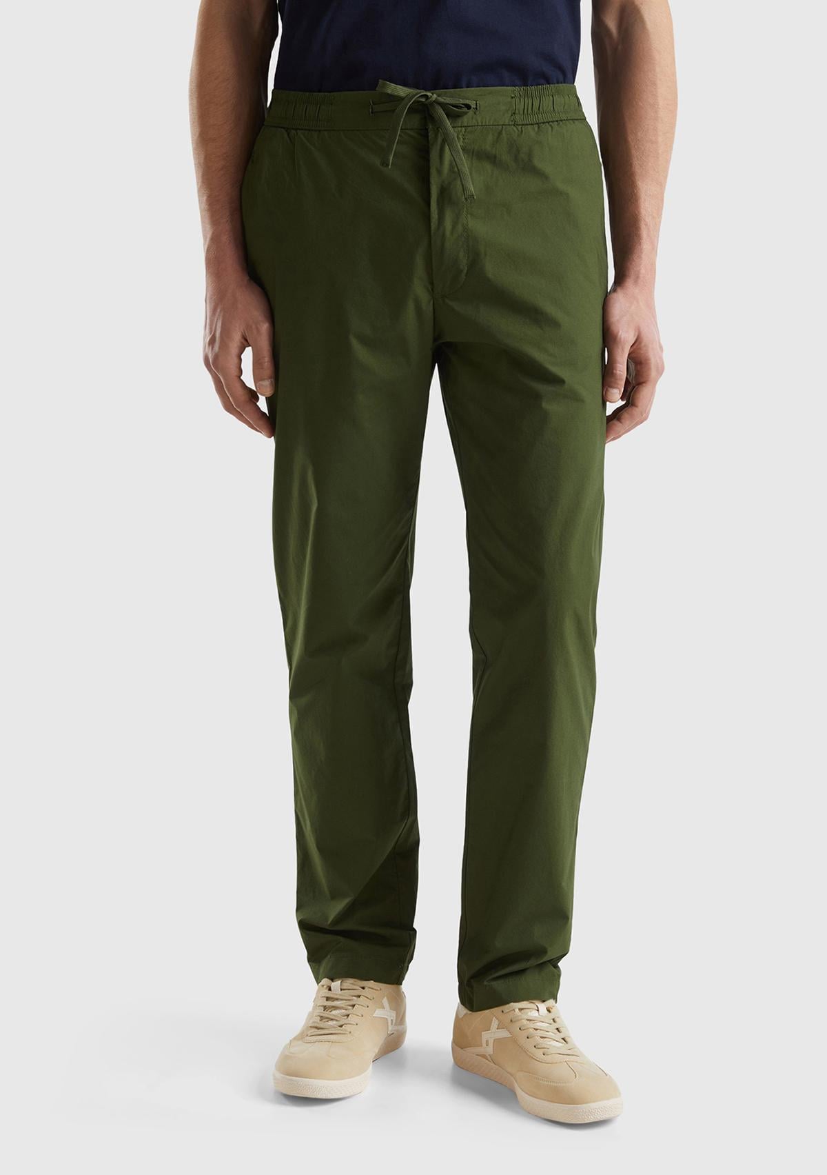  Erkek Koyu Yeşil %100 Pamuk 4 Cepli Beli Büzgülü İpli Pantolon