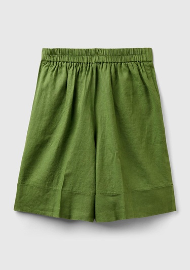  Kadın Soluk Yeşil %100 Keten Beli Lastikli  Bermuda Şort
