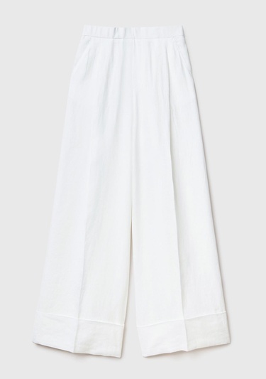  Kadın Beyaz %100 Keten Beli Lastikli Geniş Kesim Pantolon