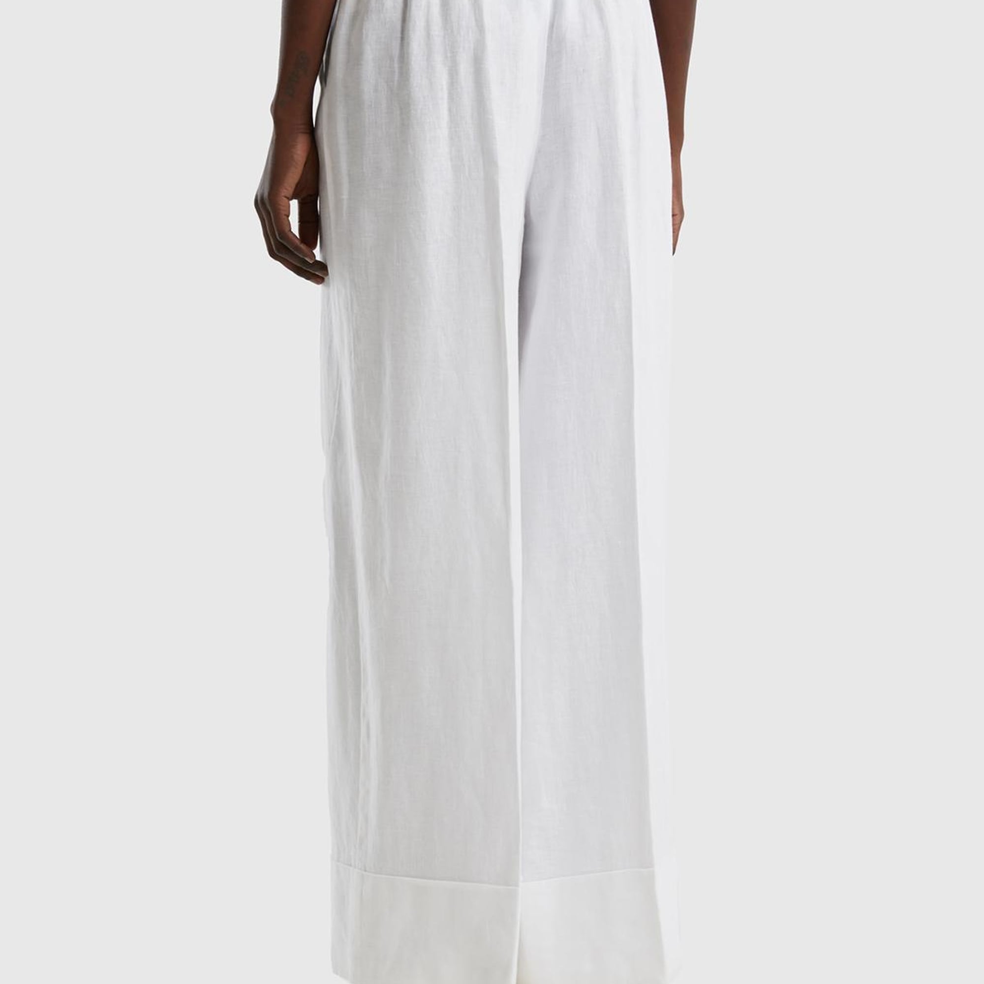 Kadın Beyaz %100 Keten Beli Lastikli Geniş Kesim Pantolon