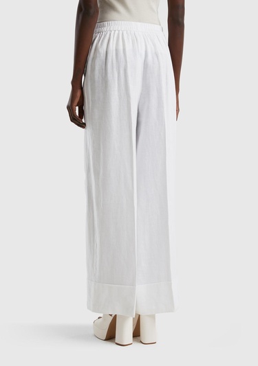  Kadın Beyaz %100 Keten Beli Lastikli Geniş Kesim Pantolon