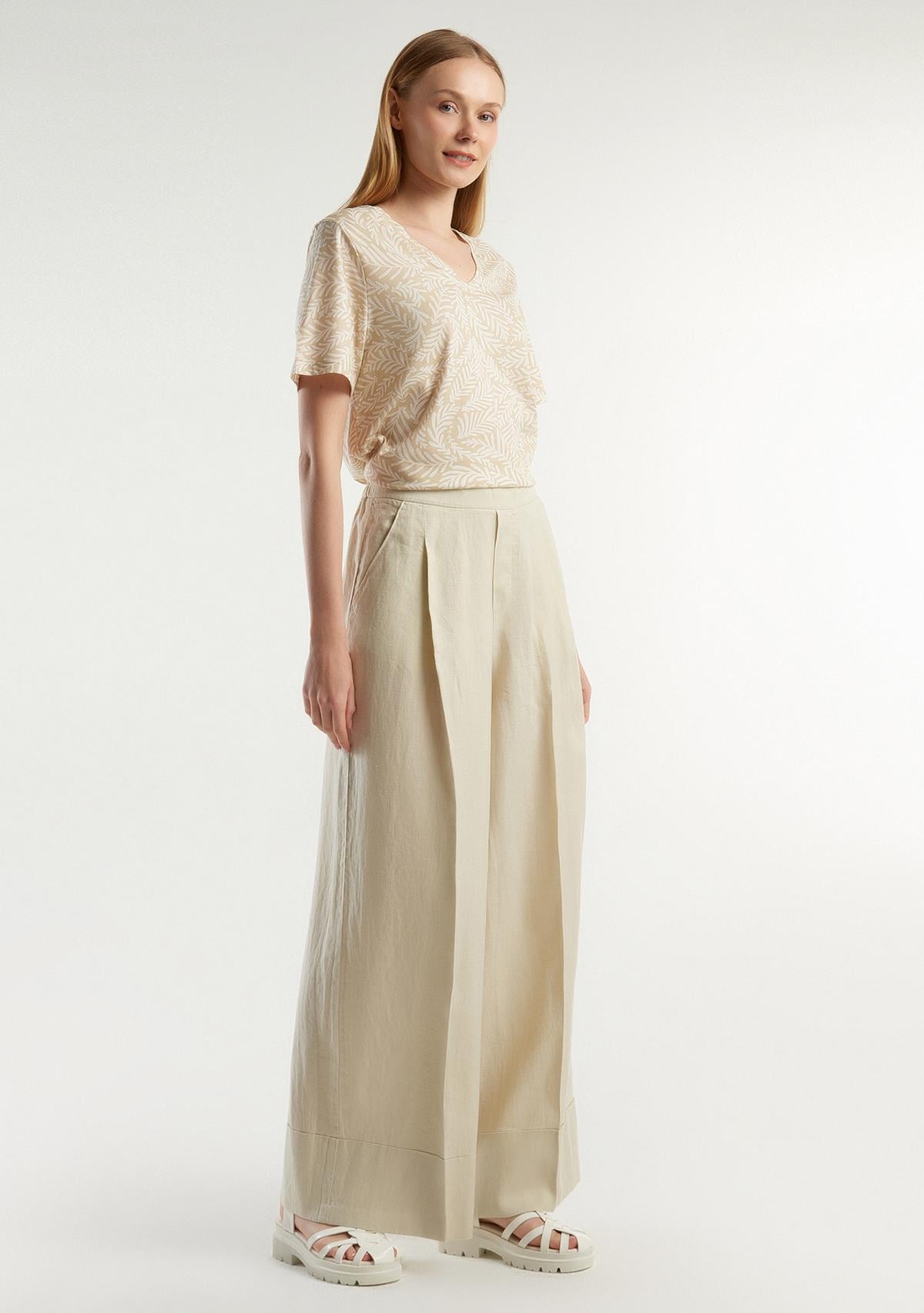  Kadın Bej %100 Keten Beli Lastikli Geniş Kesim Pantolon