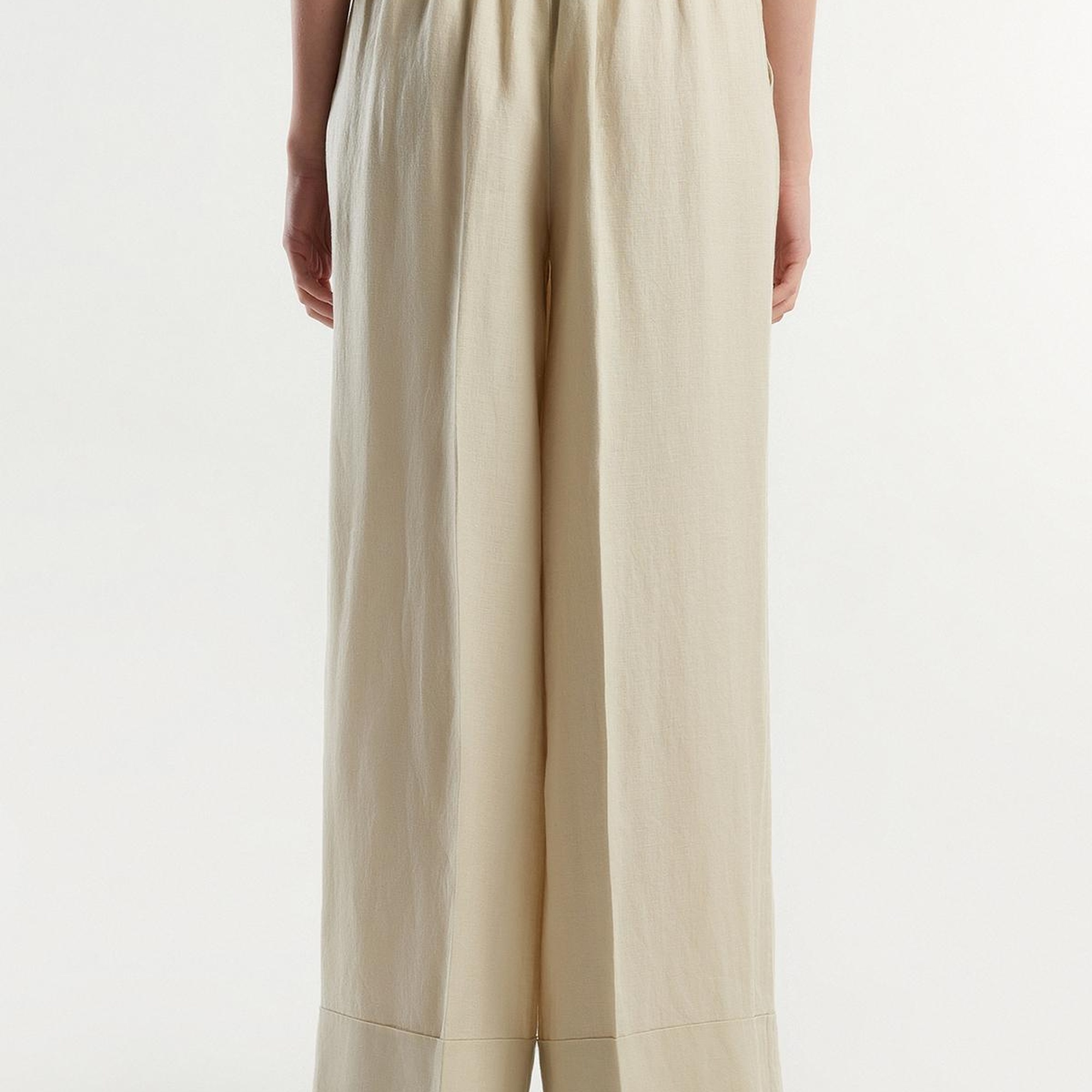 Kadın Bej %100 Keten Beli Lastikli Geniş Kesim Pantolon
