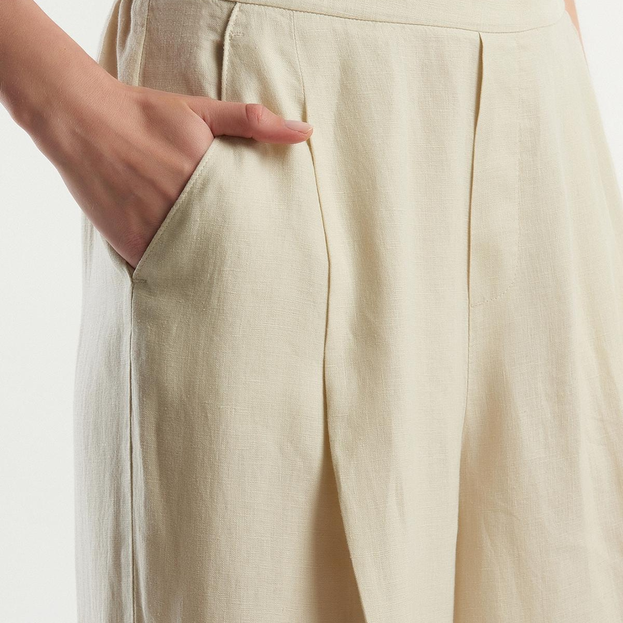 Kadın Bej %100 Keten Beli Lastikli Geniş Kesim Pantolon