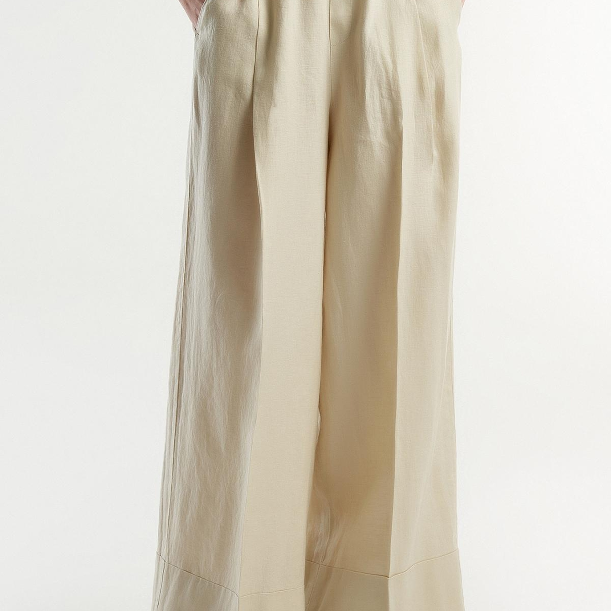 Kadın Bej %100 Keten Beli Lastikli Geniş Kesim Pantolon