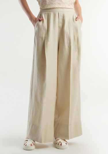  Kadın Bej %100 Keten Beli Lastikli Geniş Kesim Pantolon
