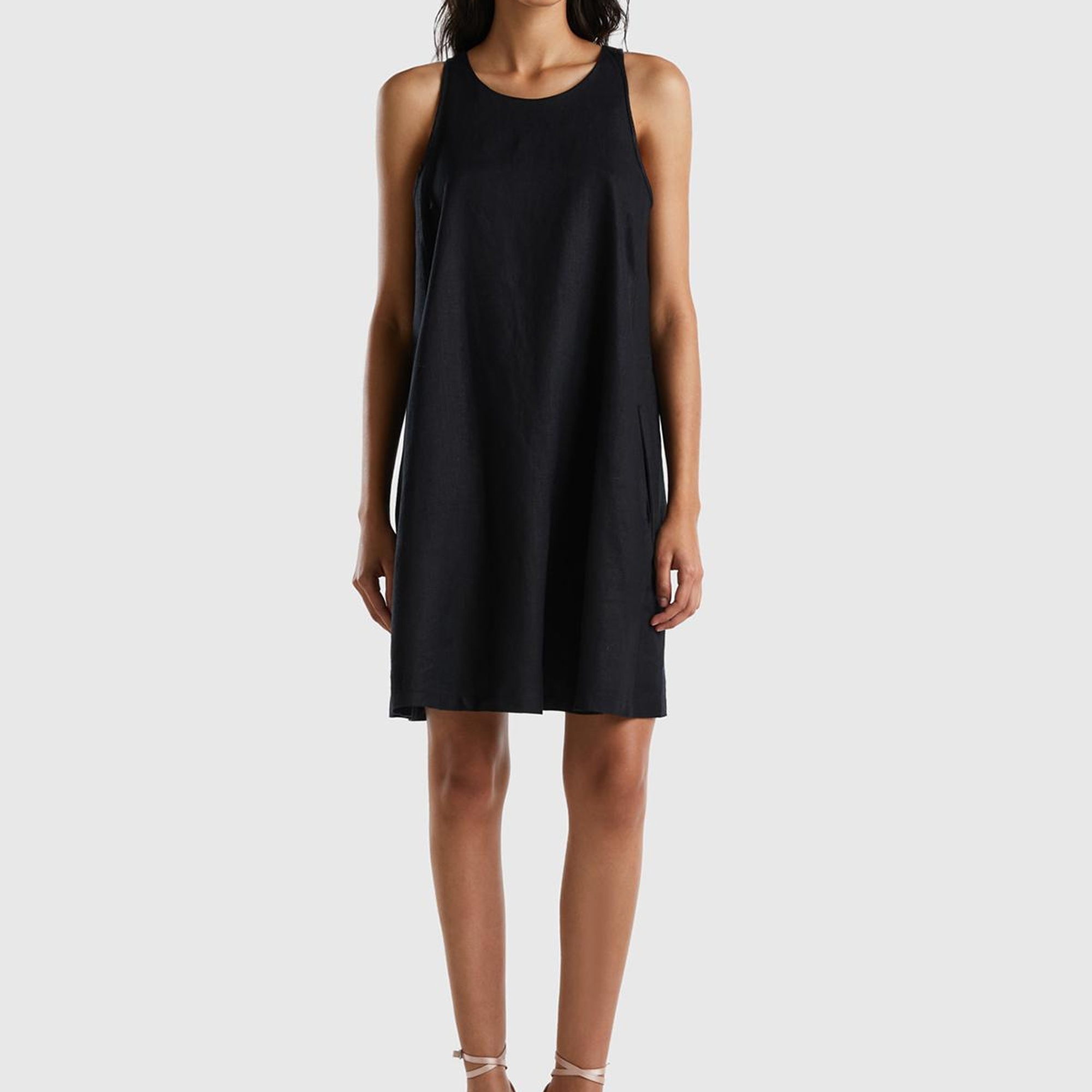 Kadın Siyah %100 Keten Kolsuz Elbise